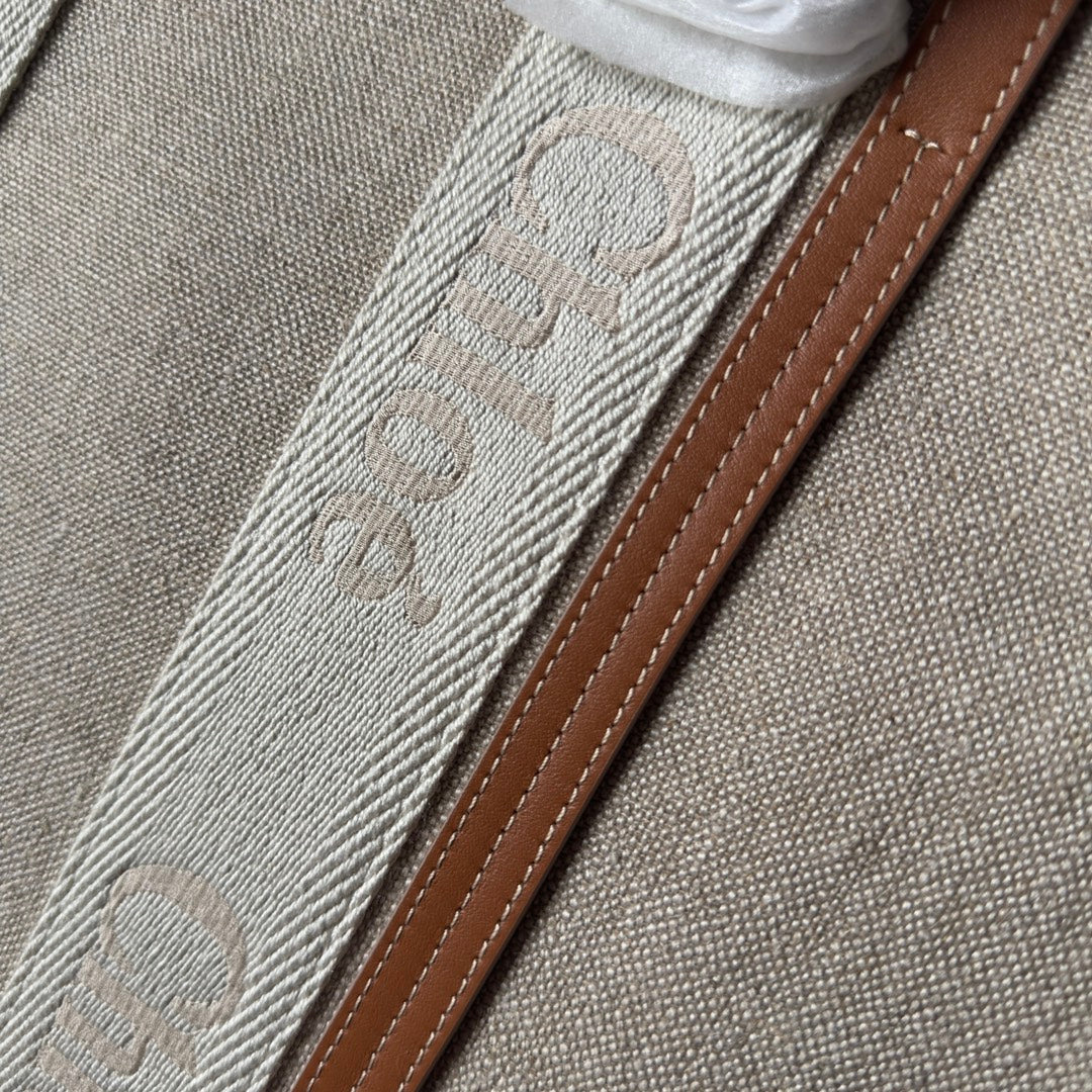 CHLOE LAGRE WOODY TOTE BAG 45 IN BEIGE LINEN CANVAS WEBBING LOGO EMBROIDERY BROWN CALFSKIN