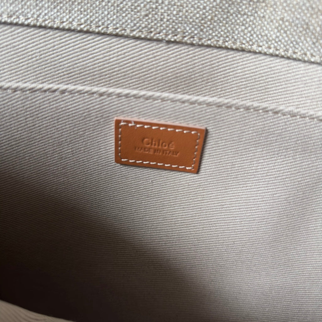 CHLOE LAGRE WOODY TOTE BAG 45 IN BEIGE LINEN CANVAS WEBBING LOGO EMBROIDERY BROWN CALFSKIN