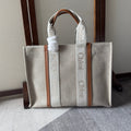 CHLOE LAGRE WOODY TOTE BAG 45 IN BEIGE LINEN CANVAS WEBBING LOGO EMBROIDERY BROWN CALFSKIN