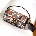 FENDI Fend Baguette Brown and Multicolour Canvas Bag 27 with FF Embroidery Ghw