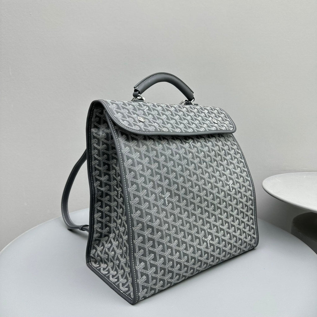 GOYARD LEGER BACKPACK 37 IN GRAY GOYARDINE CANVAS WITH CALFSKIN TRIM