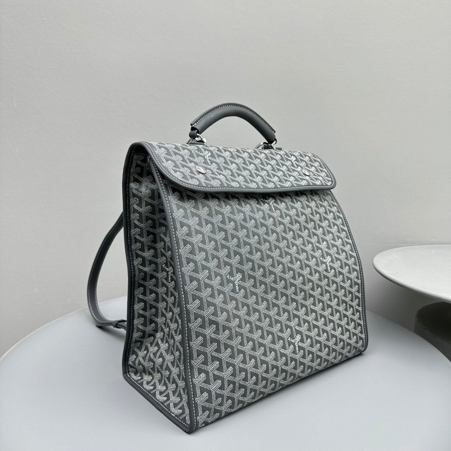 GOYARD LEGER BACKPACK 37 IN GRAY GOYARDINE CANVAS WITH CALFSKIN TRIM
