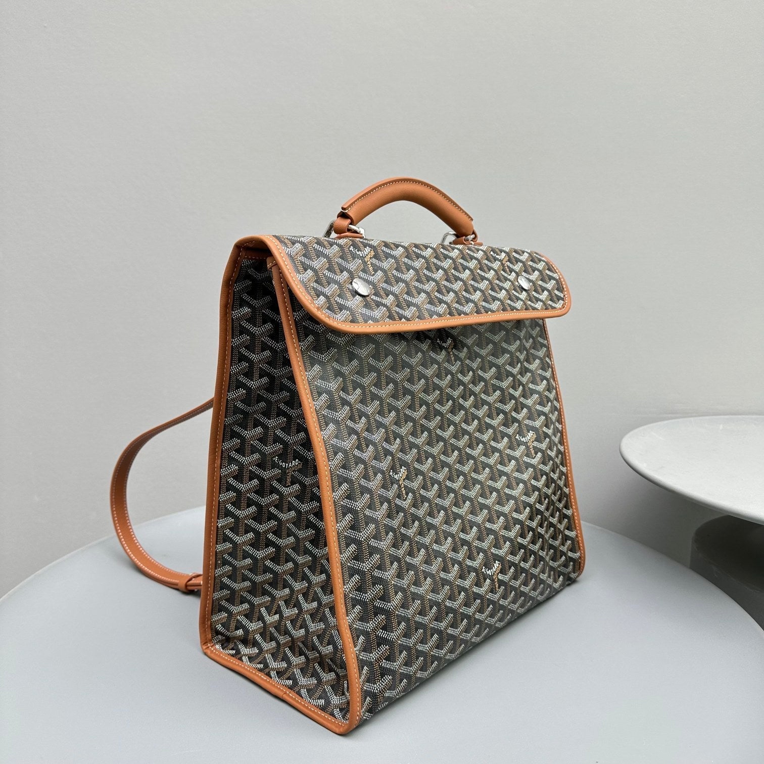 GOYARD LEGER BACKPACK 37 IN BLACK GOYARDINE CANVAS WITH TAN CALFSKIN TRIM