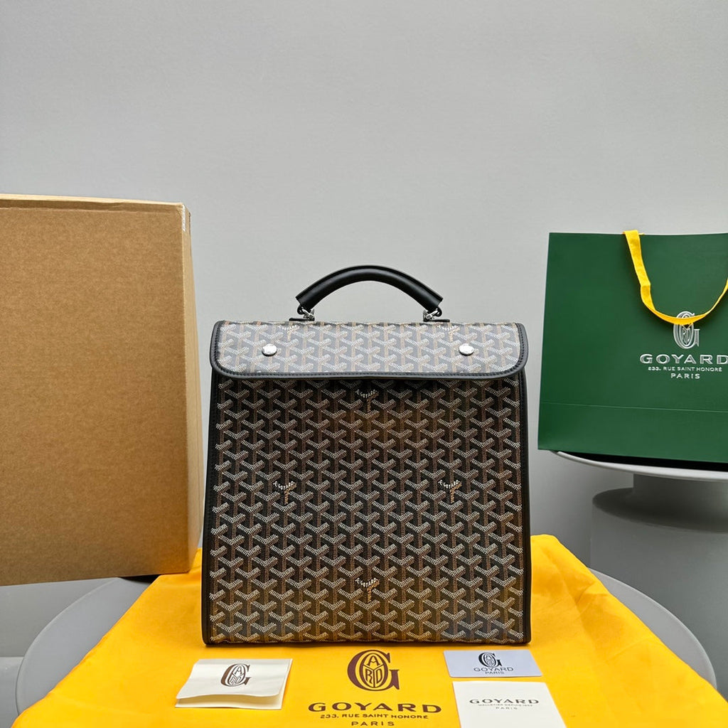 GOYARD LEGER BACKPACK 37 IN BLACK GOYARDINE CANVAS WITH CALFSKIN TRIM