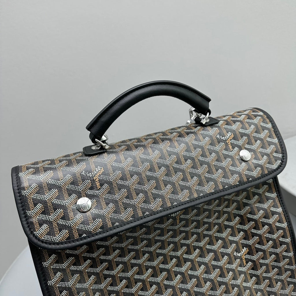 GOYARD LEGER BACKPACK 37 IN BLACK GOYARDINE CANVAS WITH CALFSKIN TRIM