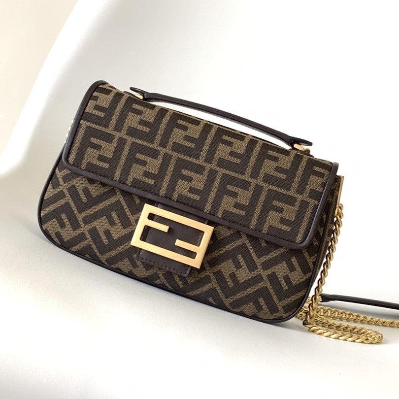 FENDI Fend Baguette 24 Brown FF Jacquard Fabric Bag Ghw