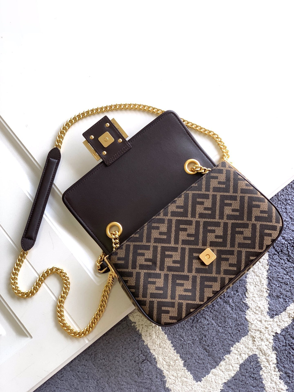 FENDI Fend Baguette 24 Brown FF Jacquard Fabric Bag Ghw
