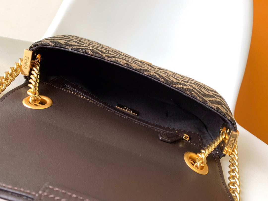 FENDI Fend Baguette 24 Brown FF Jacquard Fabric Bag Ghw