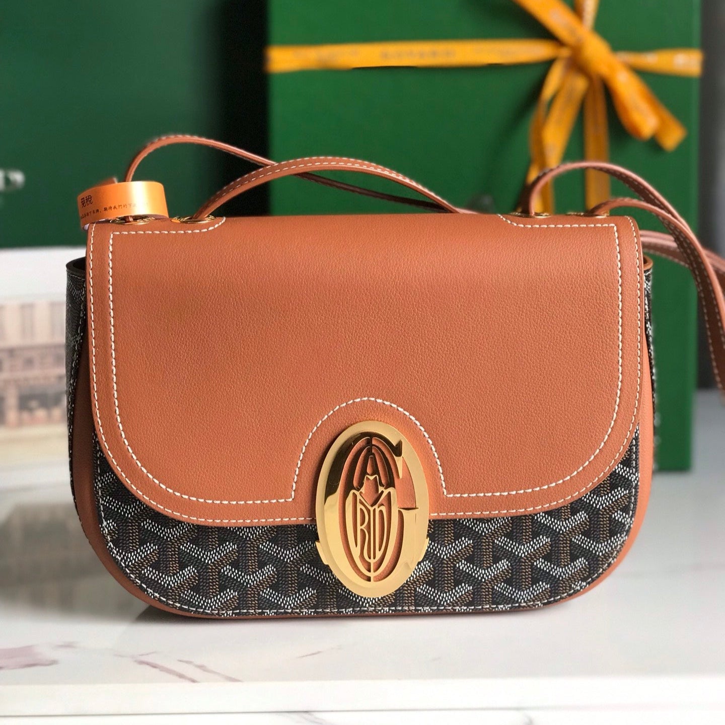GOYARD 233 BAG 25 IN TAN CALFKIN AND BLACK GOYARDINE CANVAS