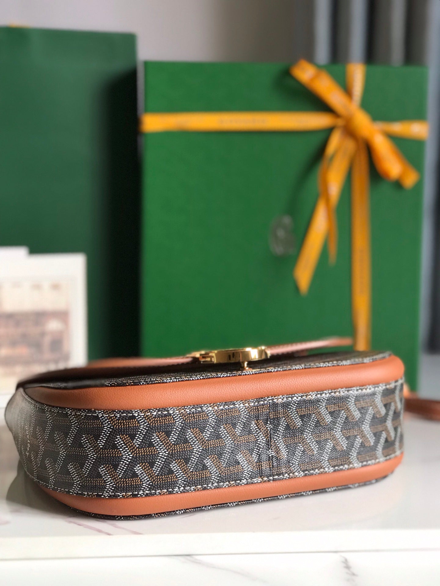 GOYARD 233 BAG 25 IN TAN CALFKIN AND BLACK GOYARDINE CANVAS