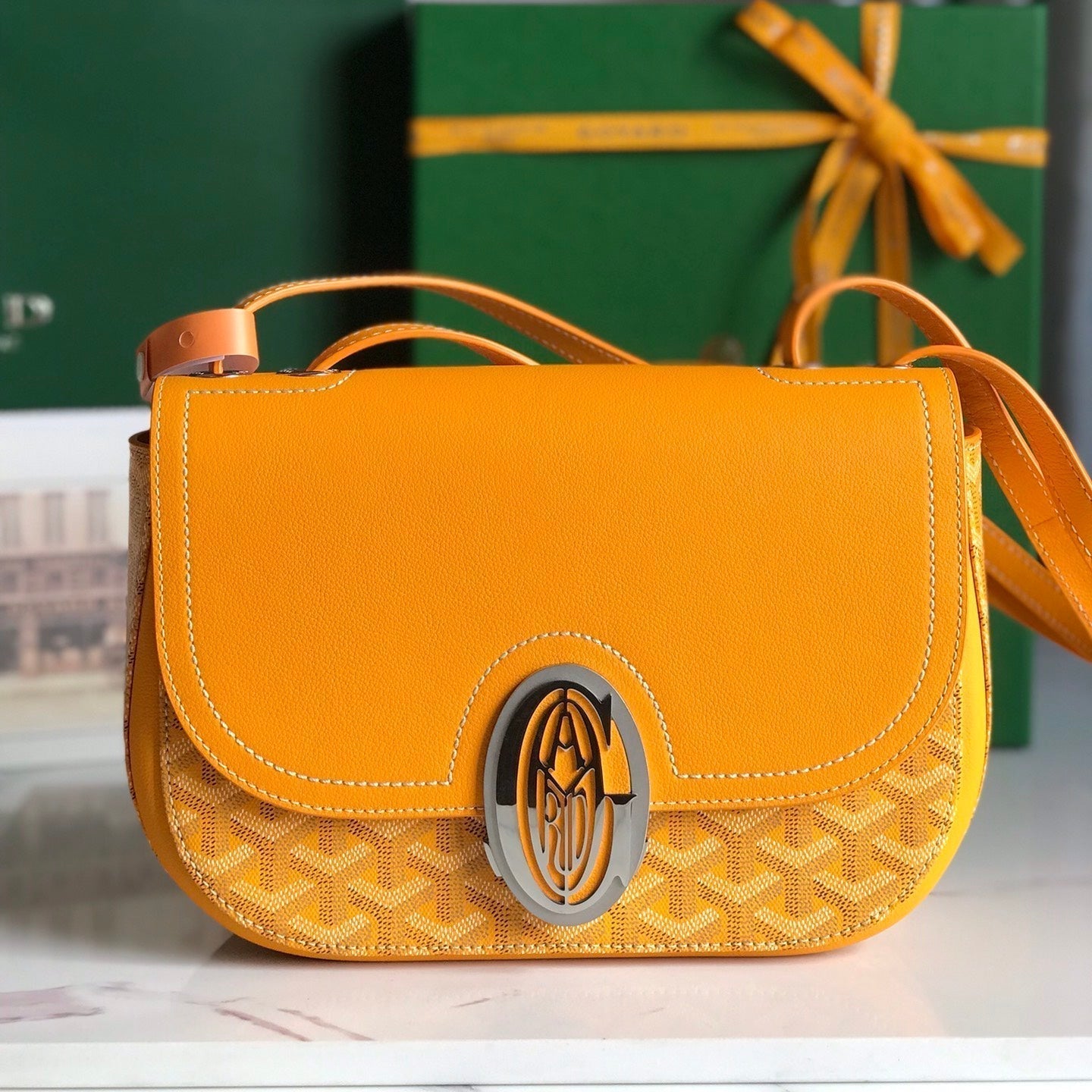 GOYARD 233 BAG 25 IN YELLOW CALFKIN AND GOYARDINE CANVAS