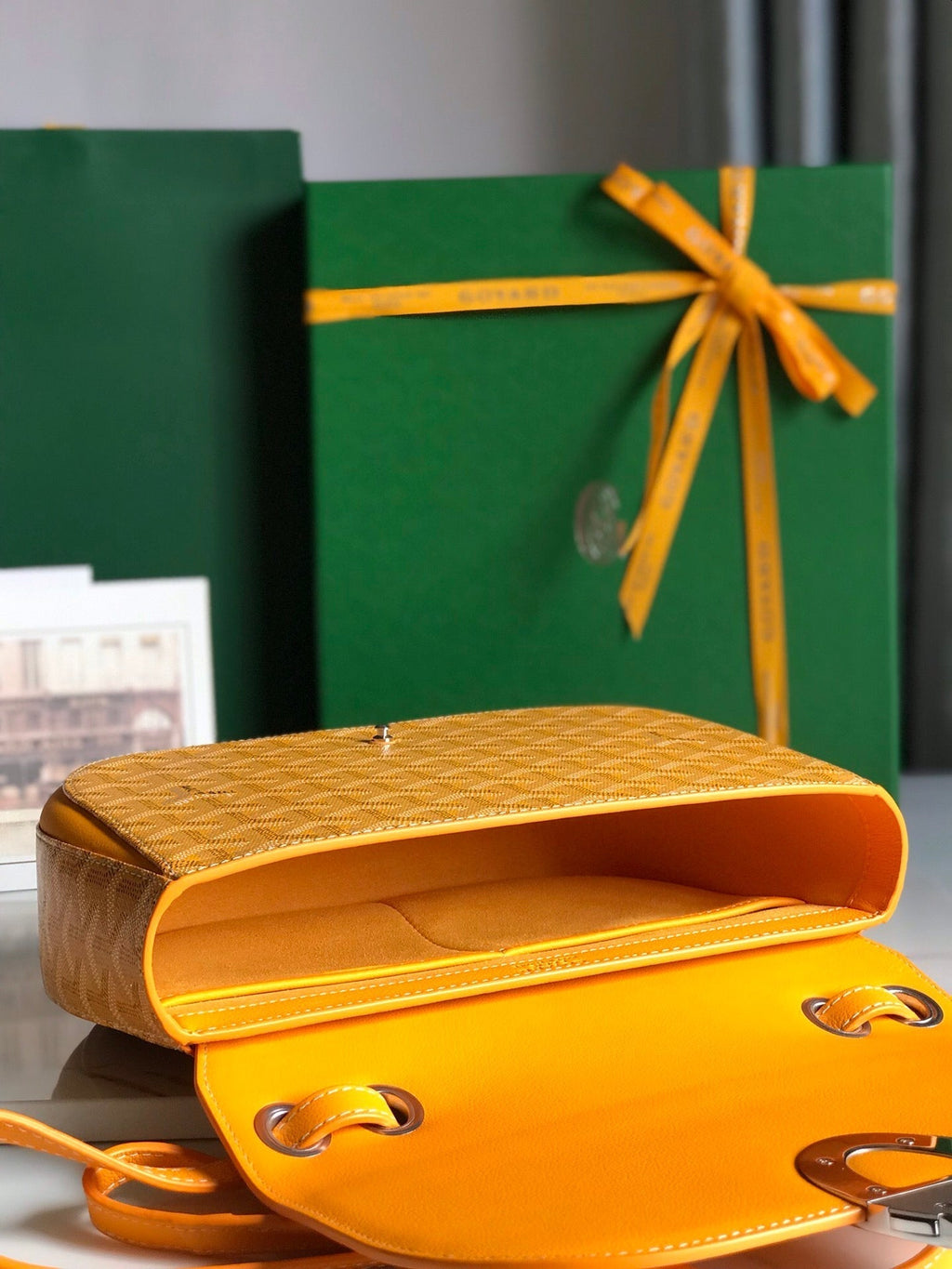 GOYARD 233 BAG 25 IN YELLOW CALFKIN AND GOYARDINE CANVAS