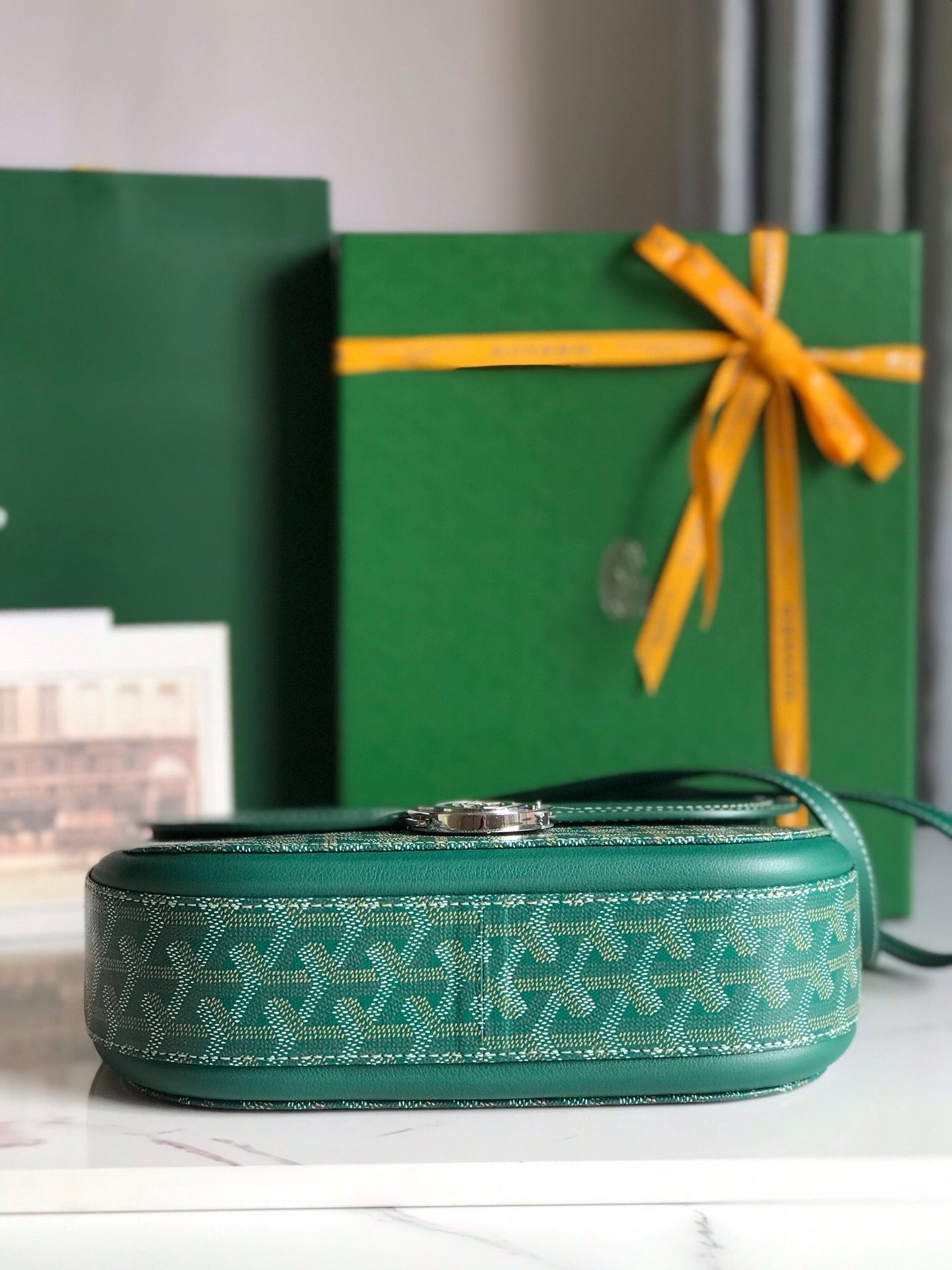GOYARD 233 BAG 25 IN GREEN CALFKIN AND GOYARDINE CANVAS