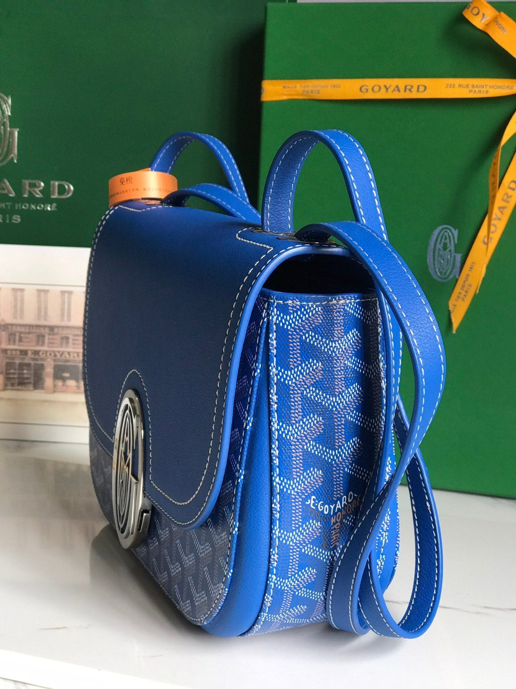 GOYARD 233 BAG 25 IN SAPPHIRE BLUE CALFKIN AND GOYARDINE CANVAS