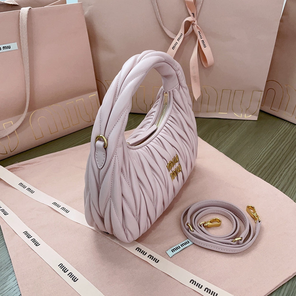 MIU MIU WANDER MATELASSÉ NAPPA HOBO BAG 23 IN PASTEL PINK LAMBSKIN