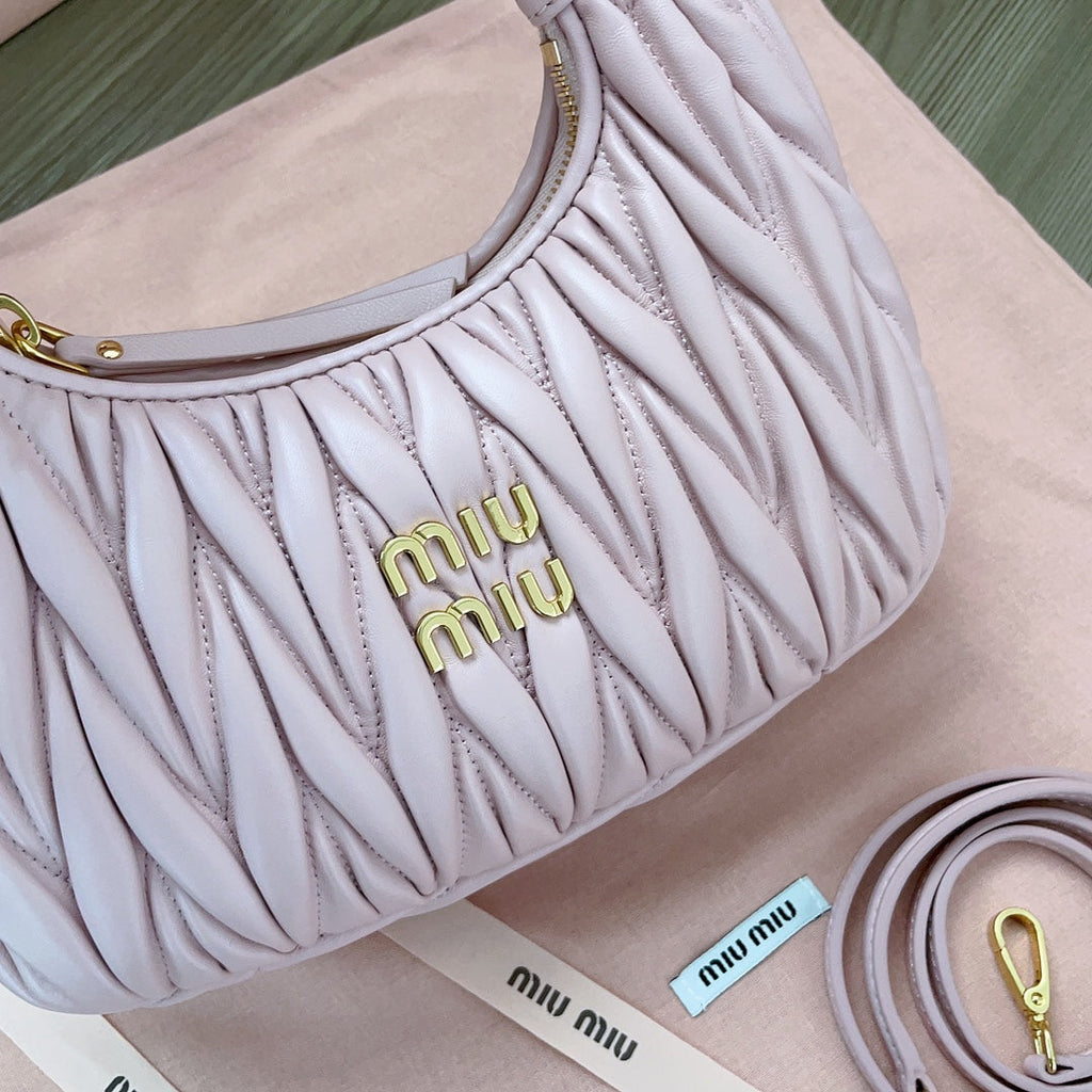 MIU MIU WANDER MATELASSÉ NAPPA HOBO BAG 23 IN PASTEL PINK LAMBSKIN