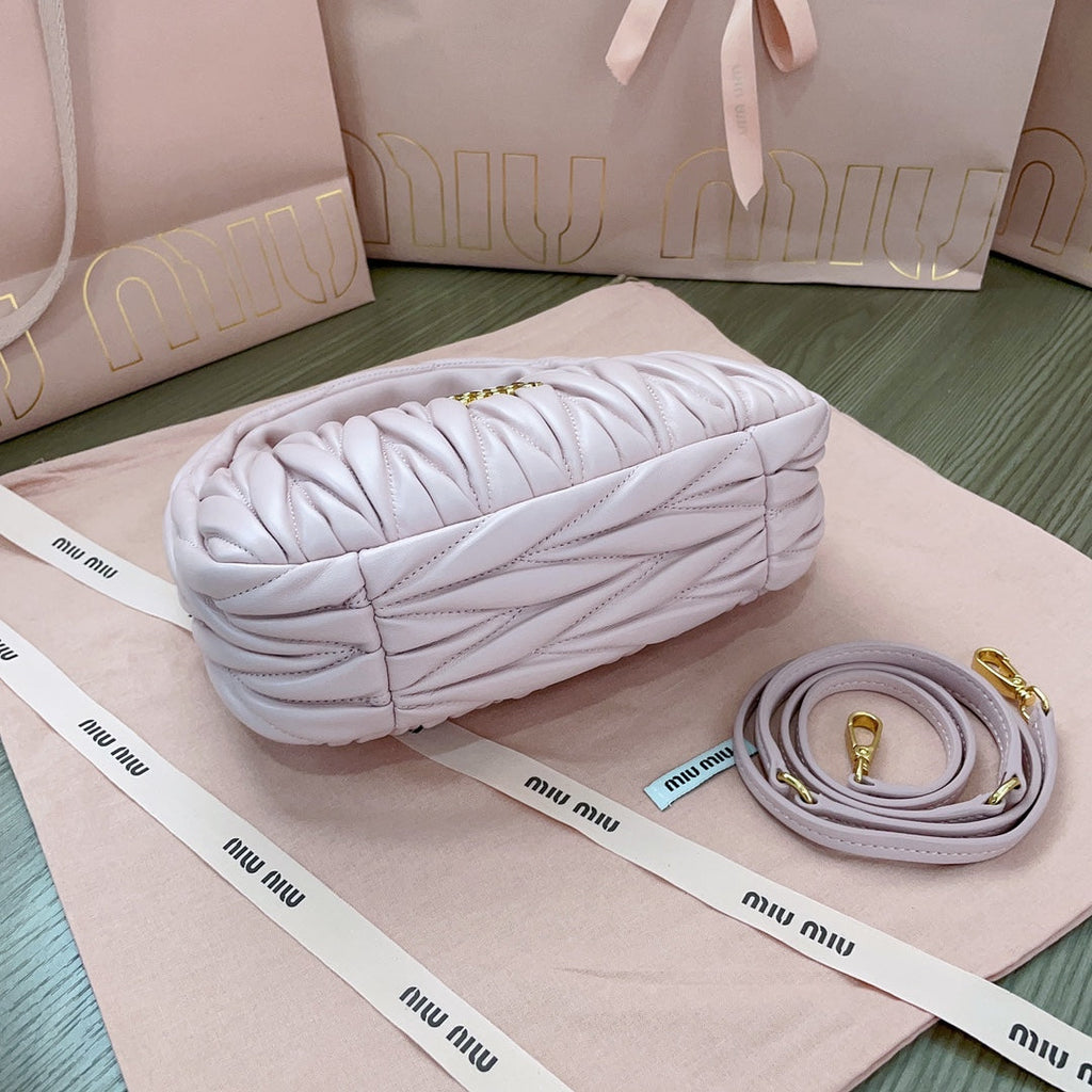 MIU MIU WANDER MATELASSÉ NAPPA HOBO BAG 23 IN PASTEL PINK LAMBSKIN