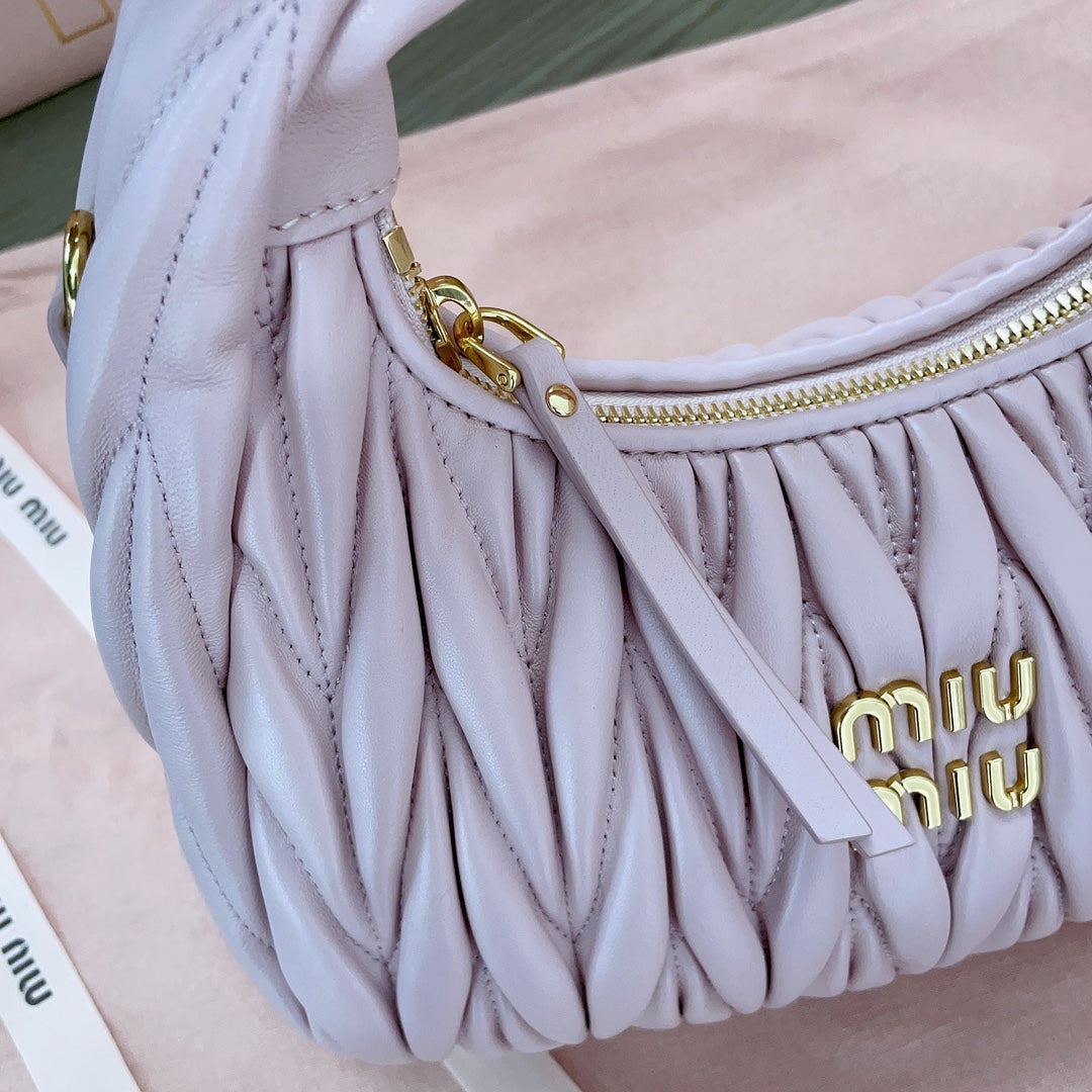 MIU MIU WANDER MATELASSÉ NAPPA HOBO BAG 23 IN PASTEL PINK LAMBSKIN