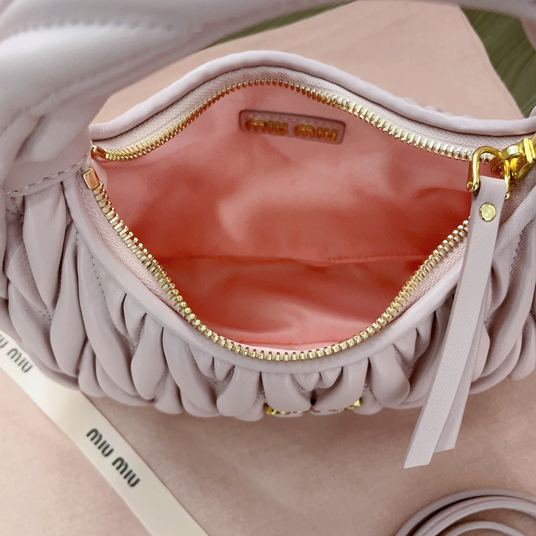 MIU MIU WANDER MATELASSÉ NAPPA HOBO BAG 23 IN PASTEL PINK LAMBSKIN