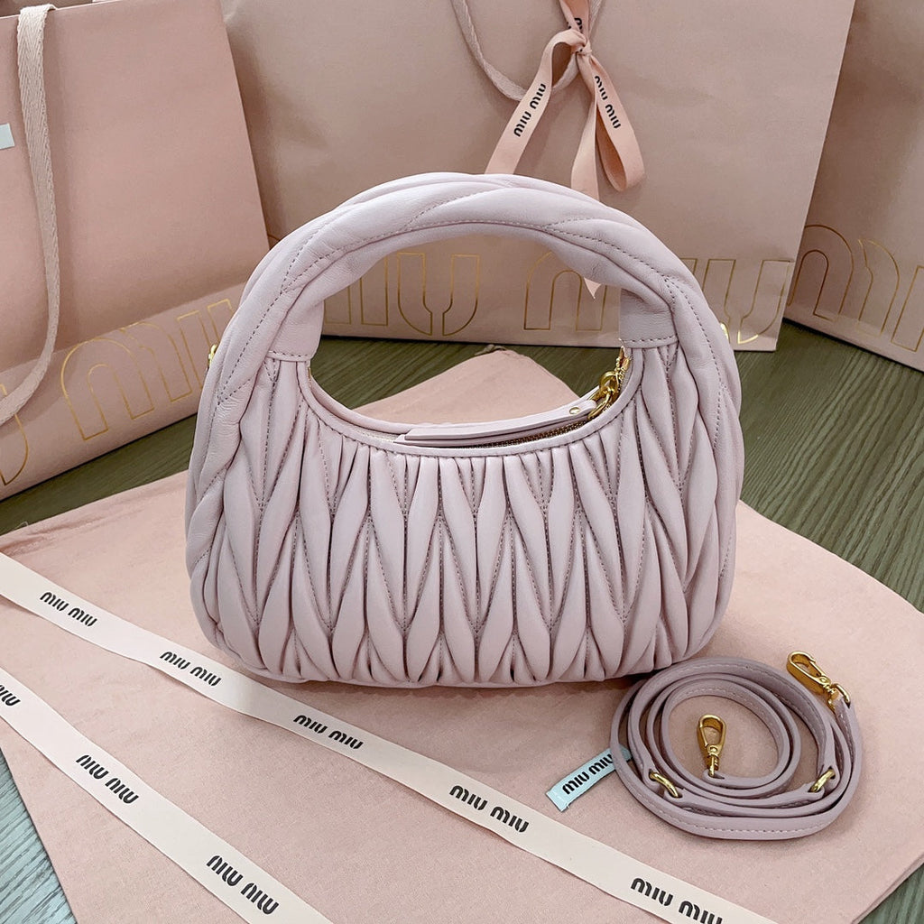 MIU MIU WANDER MATELASSÉ NAPPA HOBO BAG 23 IN PASTEL PINK LAMBSKIN