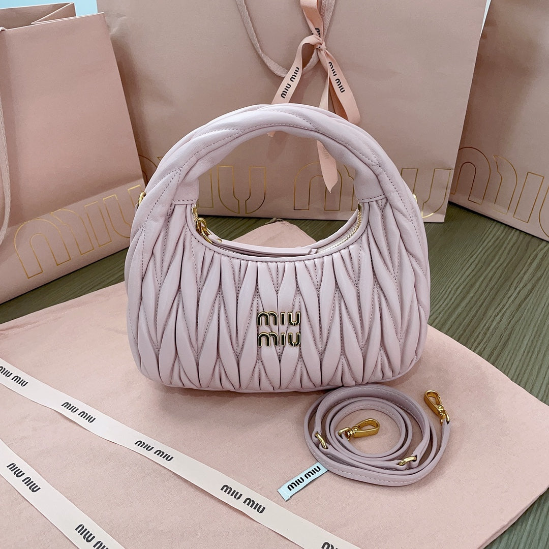 MIU MIU WANDER MATELASSÉ NAPPA HOBO BAG 23 IN PASTEL PINK LAMBSKIN