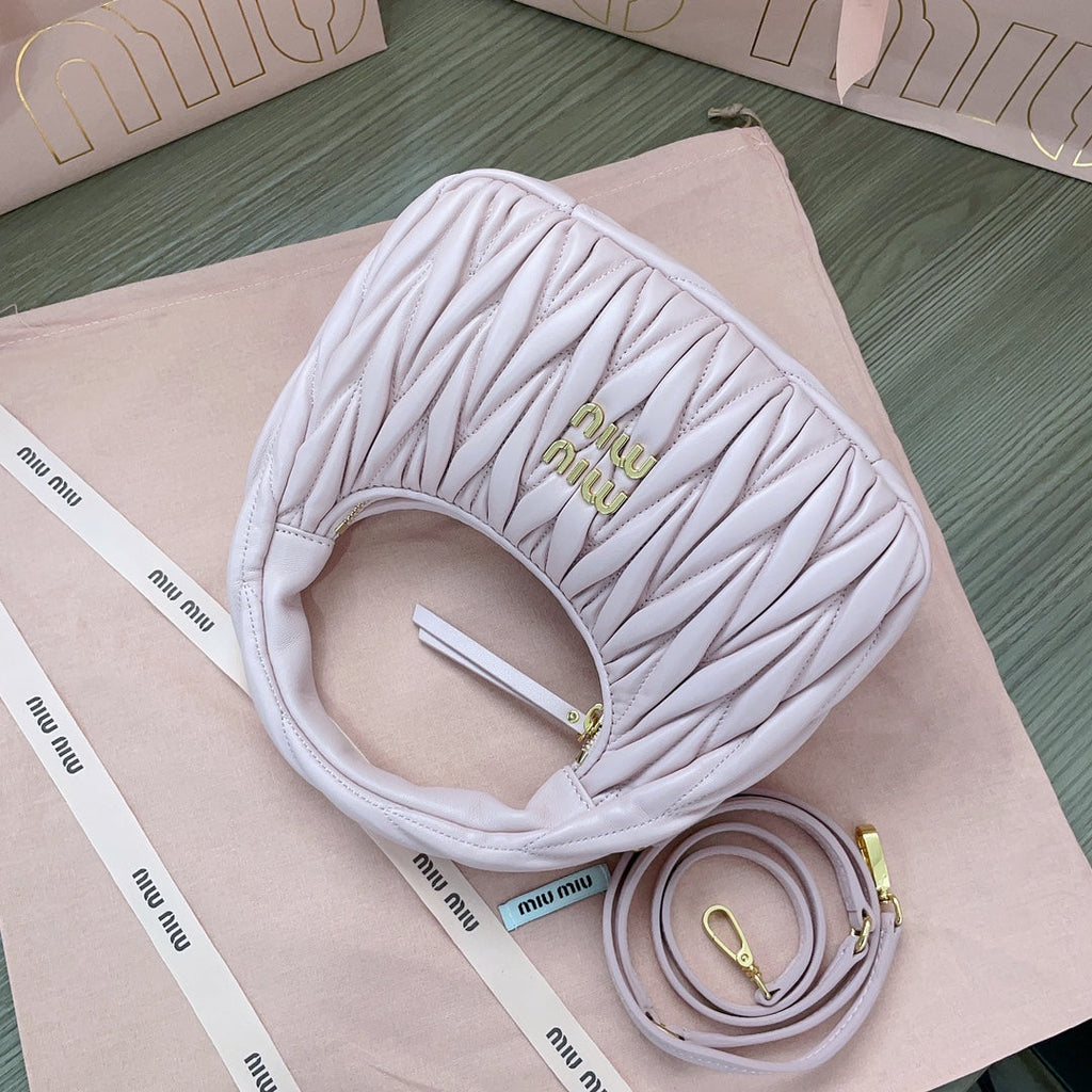 MIU MIU WANDER MATELASSÉ NAPPA HOBO BAG 23 IN PASTEL PINK LAMBSKIN