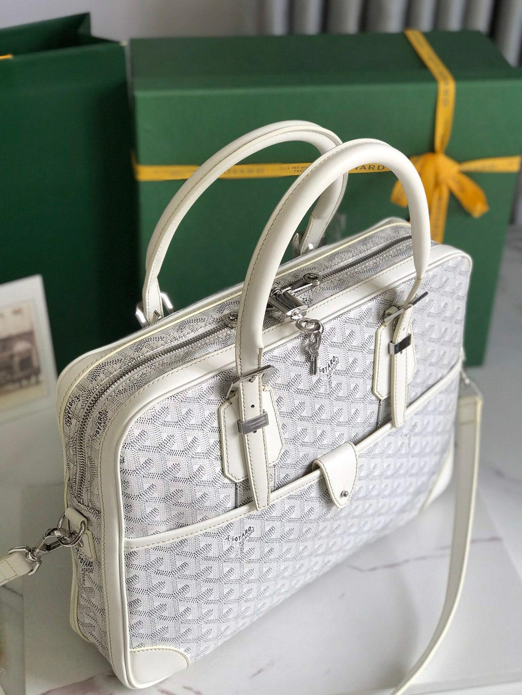 GOYARD AMBASSADE DOCUMENT CASE 35 IN WHITE GOYARDINE CANVAS