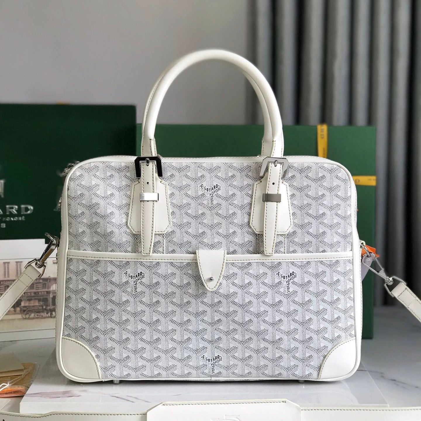 GOYARD AMBASSADE DOCUMENT CASE 35 IN WHITE GOYARDINE CANVAS