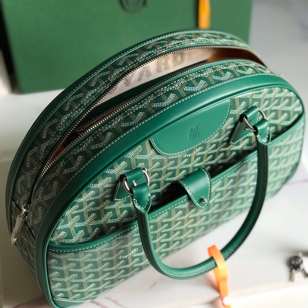 GOYARD SAINT JEANNE BAG 35 IN GREEN GOYARDINE CANVAS AND CALFSKIN