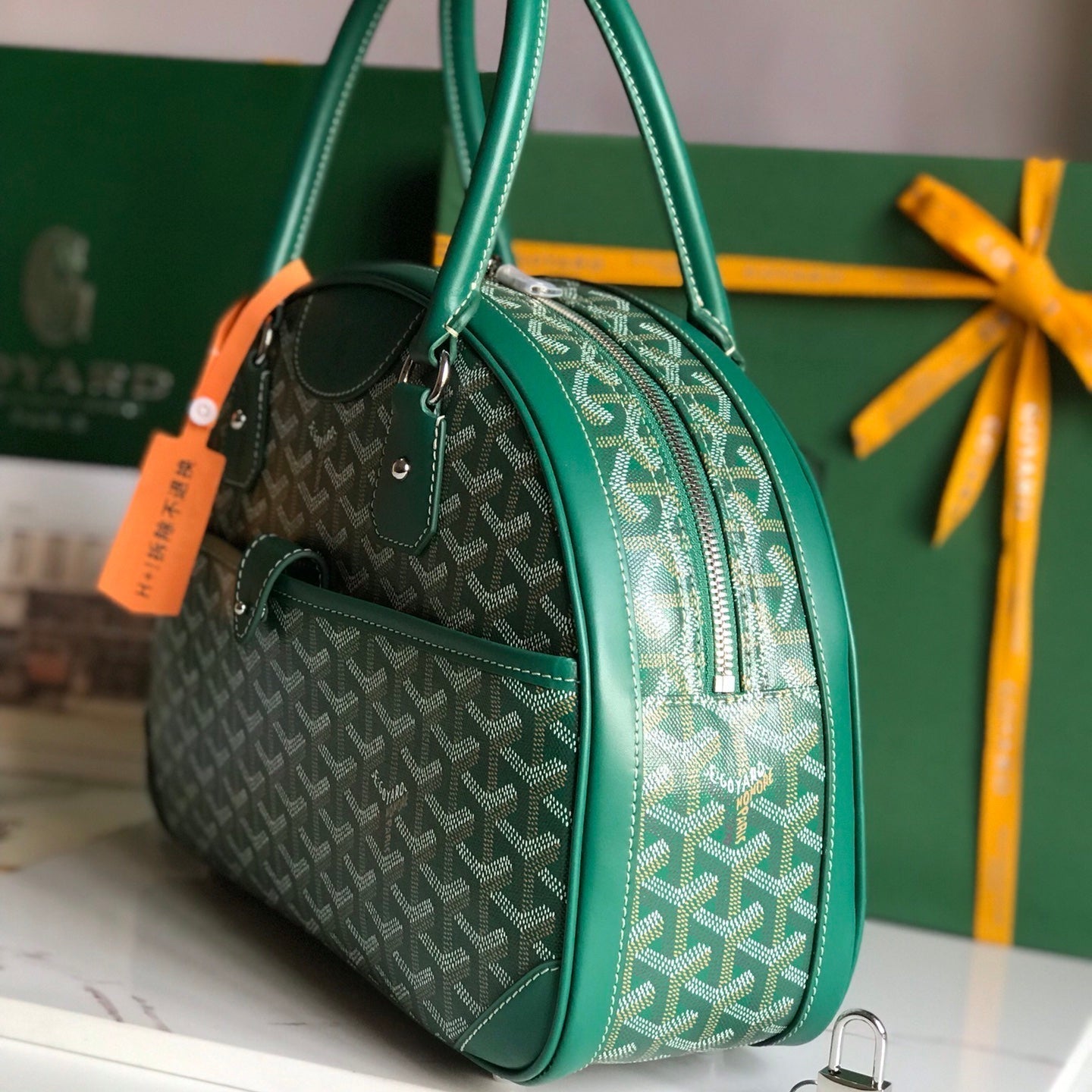 GOYARD SAINT JEANNE BAG 35 IN GREEN GOYARDINE CANVAS AND CALFSKIN
