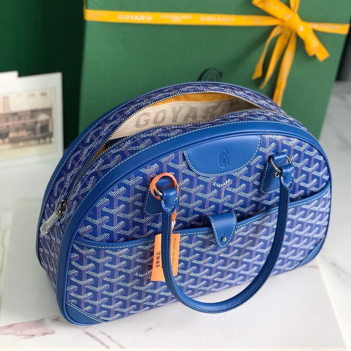 GOYARD SAINT JEANNE BAG 35 IN AZURE BLUE GOYARDINE CANVAS AND CALFSKIN