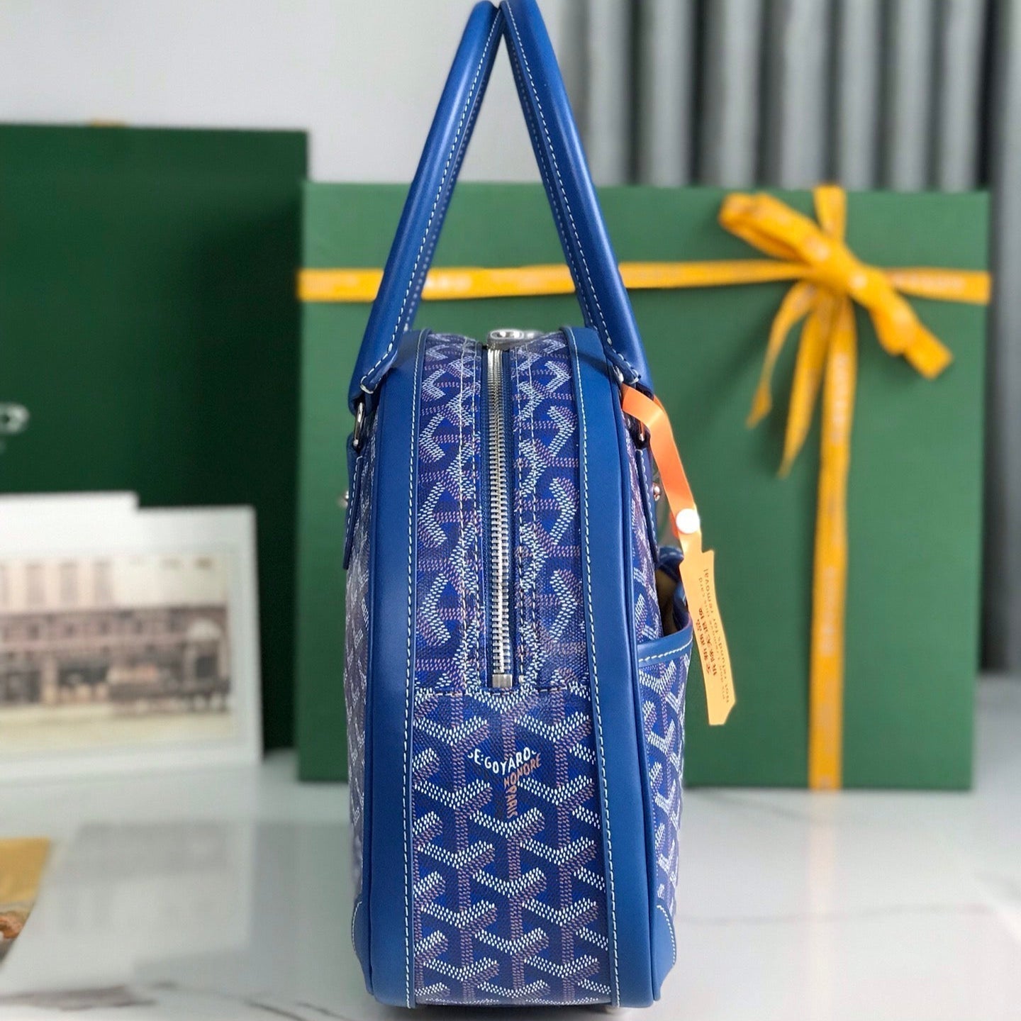 GOYARD SAINT JEANNE BAG 35 IN AZURE BLUE GOYARDINE CANVAS AND CALFSKIN