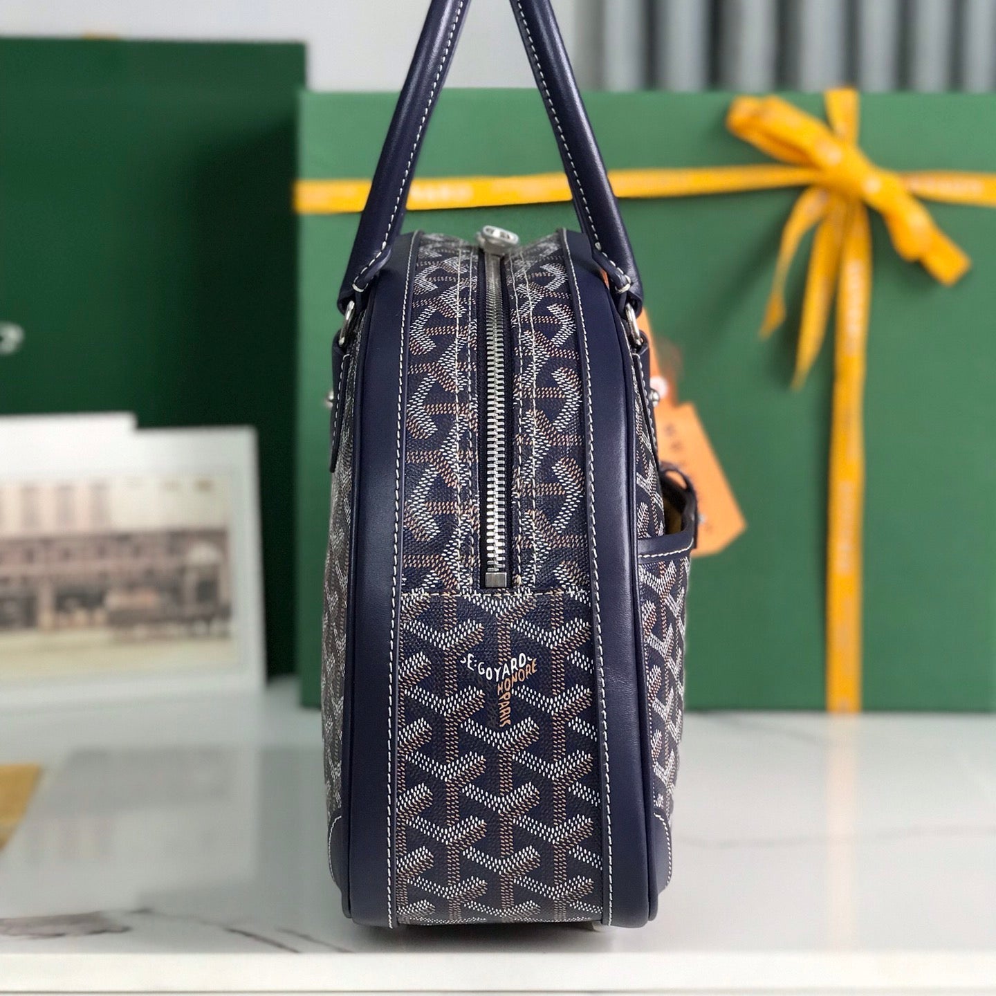 GOYARD SAINT JEANNE BAG 35 IN OXFORD BLUE GOYARDINE CANVAS AND CALFSKIN