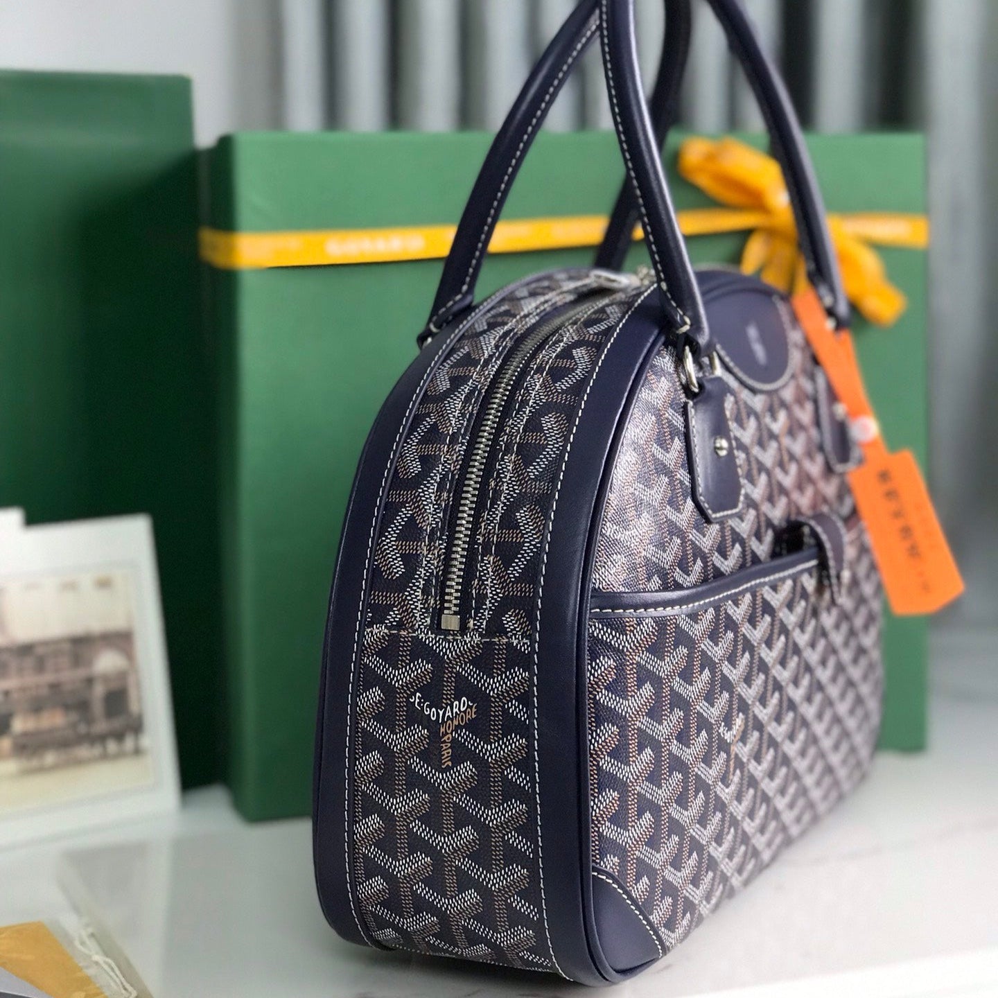 GOYARD SAINT JEANNE BAG 35 IN OXFORD BLUE GOYARDINE CANVAS AND CALFSKIN