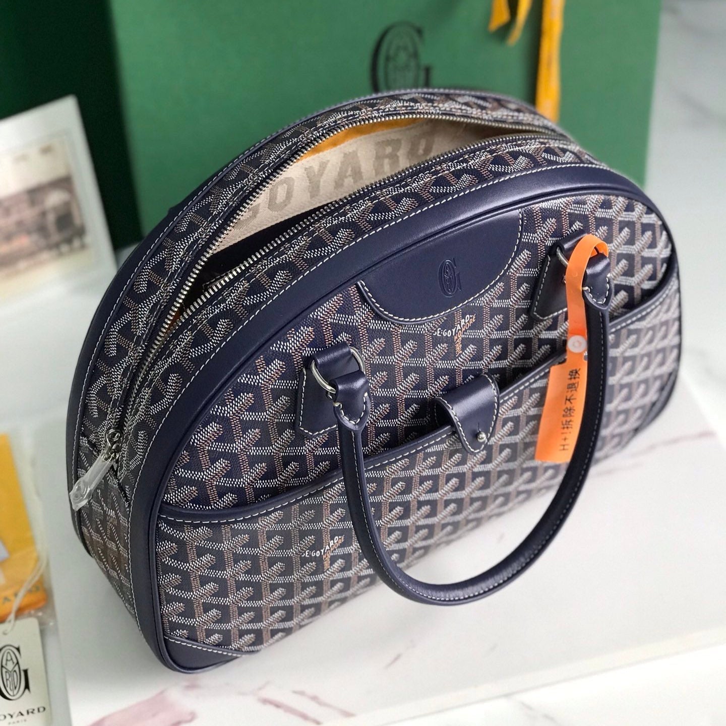 GOYARD SAINT JEANNE BAG 35 IN OXFORD BLUE GOYARDINE CANVAS AND CALFSKIN