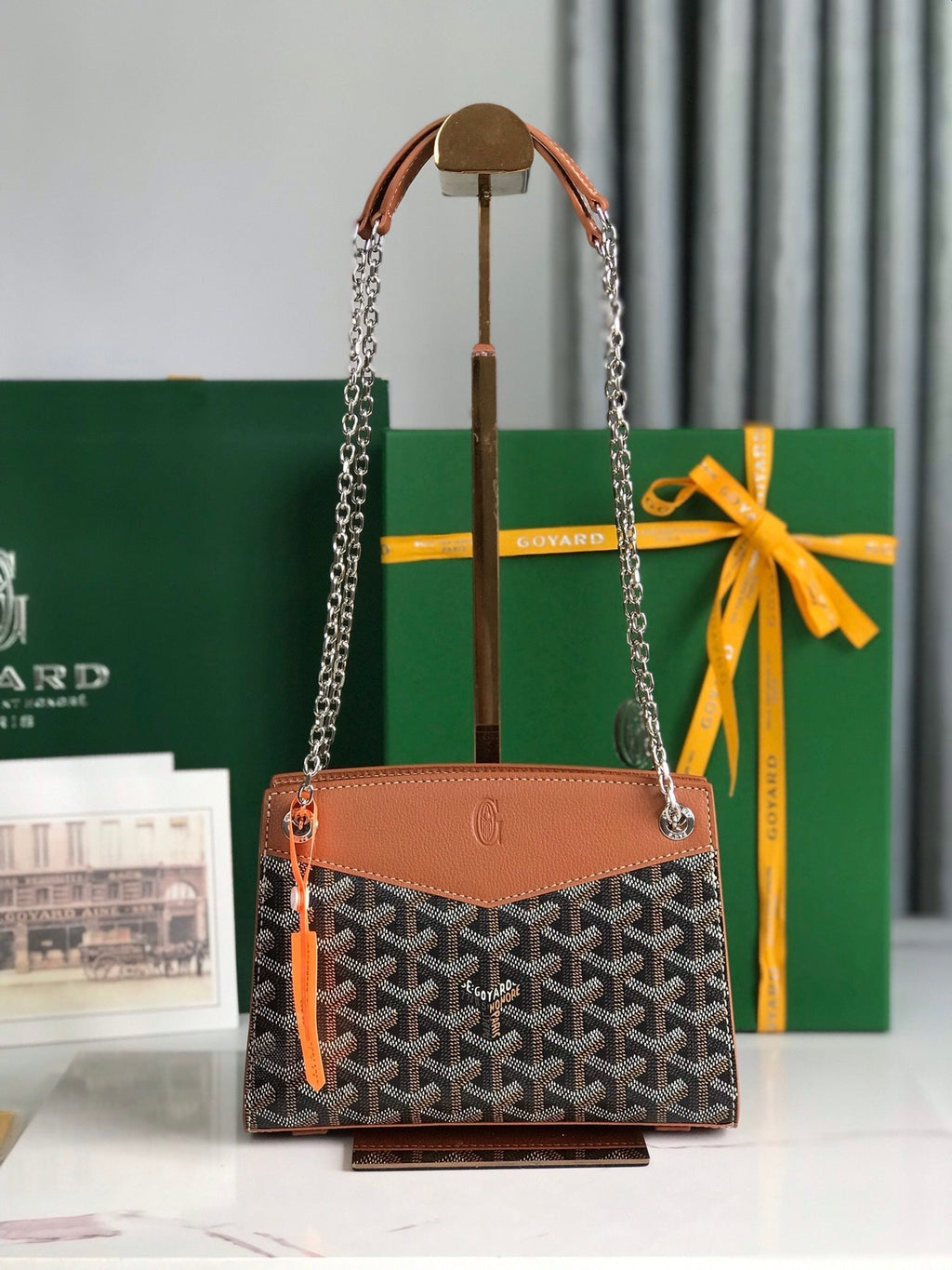 GOYARD ROUETTE STRUCTURÉ MINI BAG 21 IN BLACK GOYARDINE CANVAS AND TAN CALFSKIN