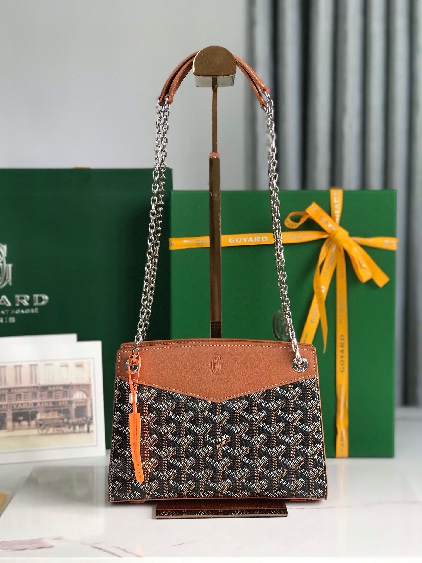 GOYARD ROUETTE STRUCTURÉ MINI BAG 21 IN BLACK GOYARDINE CANVAS AND TAN CALFSKIN