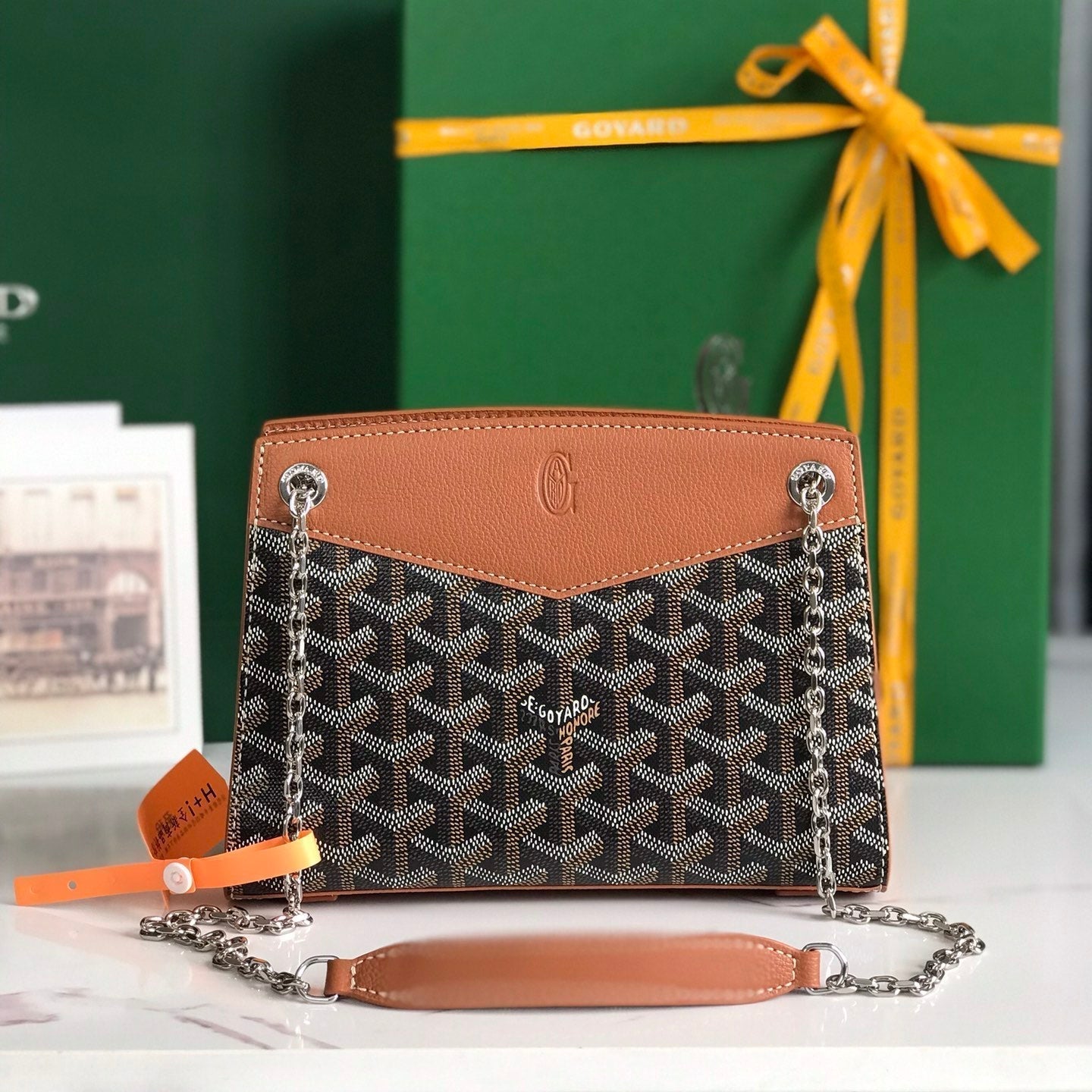 GOYARD ROUETTE STRUCTURÉ MINI BAG 21 IN BLACK GOYARDINE CANVAS AND TAN CALFSKIN