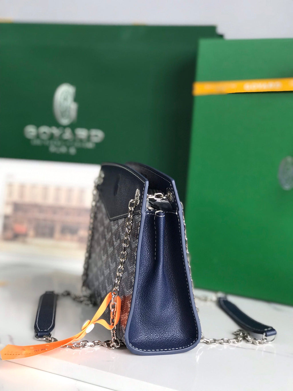 GOYARD ROUETTE STRUCTURÉ MINI BAG 21 IN NAVY BLUE GOYARDINE CANVAS AND CALFSKIN