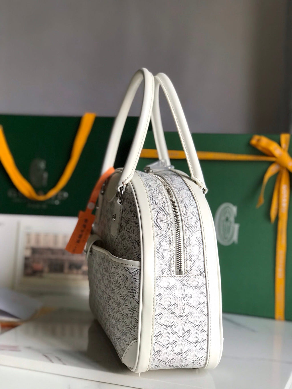 GOYARD SAINT JEANNE BAG 35 IN WHITE GOYARDINE CANVAS AND CALFSKIN