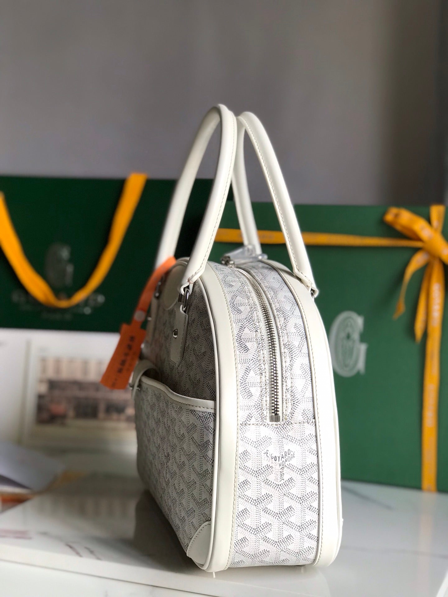 GOYARD SAINT JEANNE BAG 35 IN WHITE GOYARDINE CANVAS AND CALFSKIN