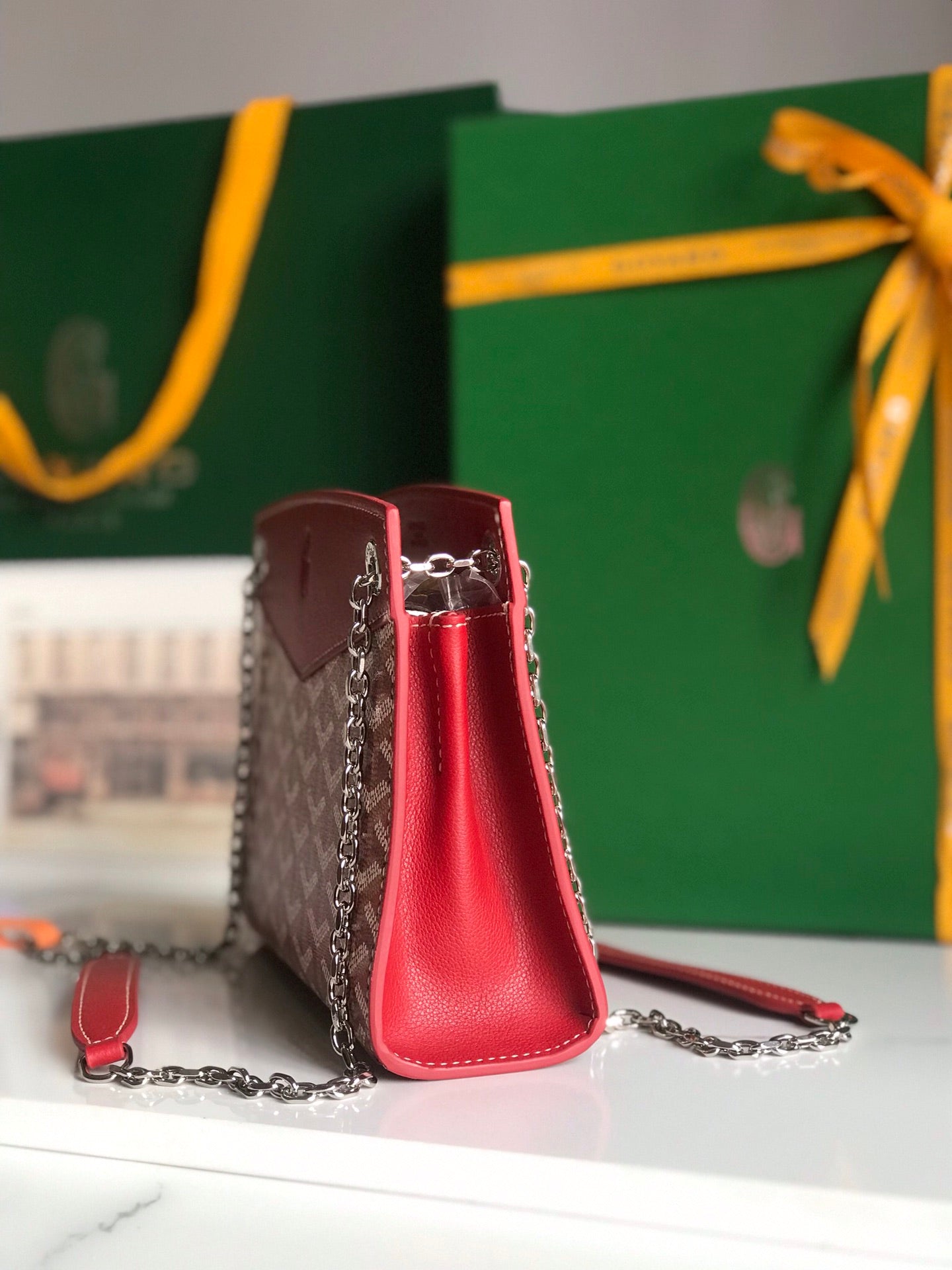 GOYARD ROUETTE STRUCTURÉ MINI BAG 21 IN CLASSIC RED GOYARDINE CANVAS AND CALFSKIN