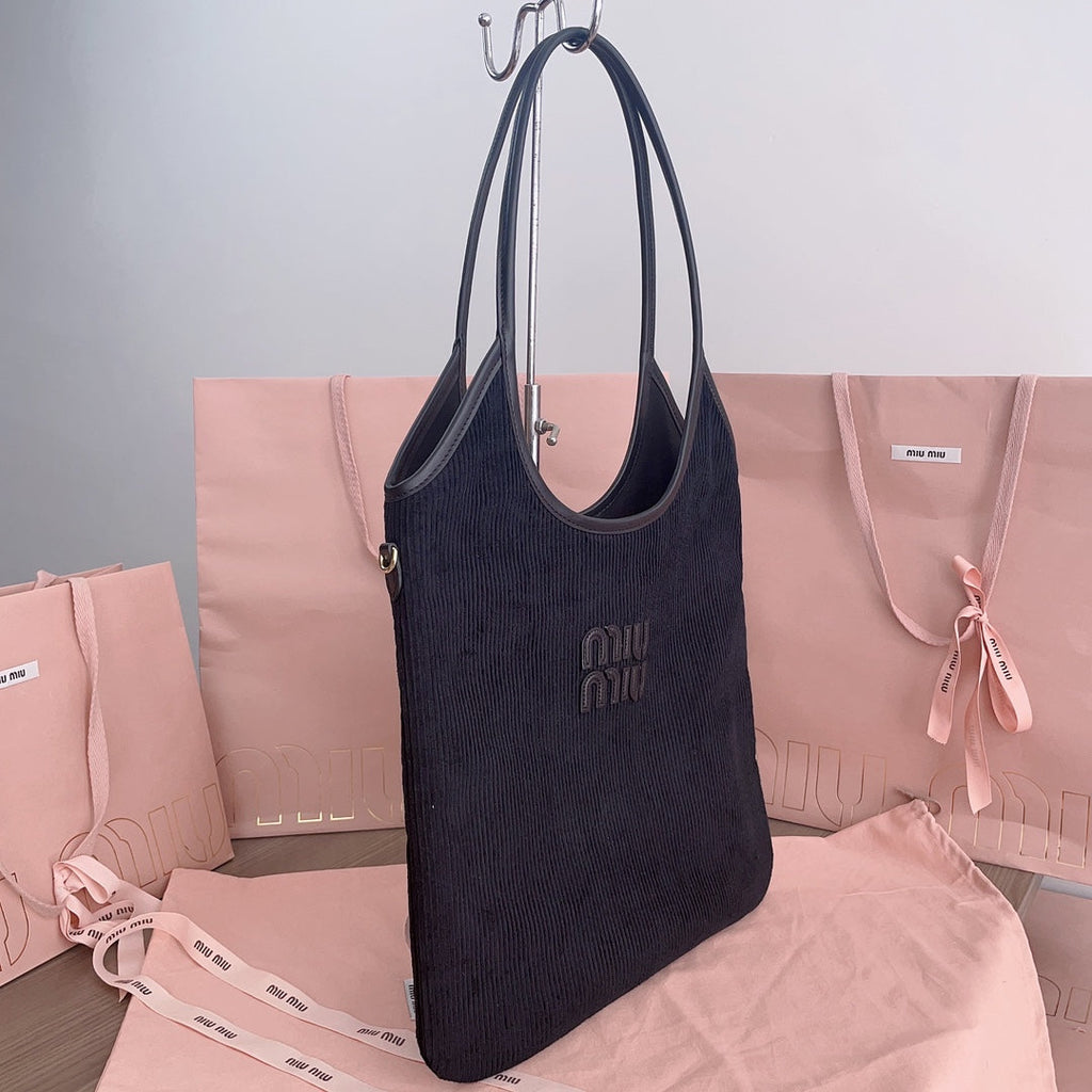 MIU MIU IVY TOTE BAG 40 IN DARK NAVY BLUE CORDUROY