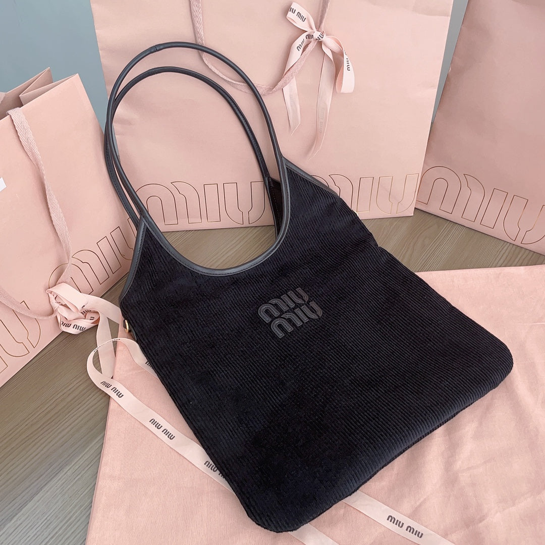 MIU MIU IVY TOTE BAG 40 IN DARK NAVY BLUE CORDUROY
