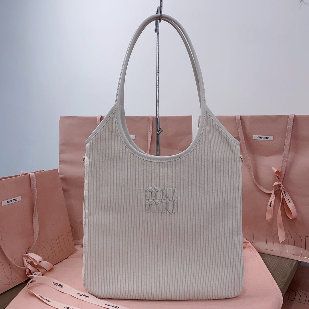 MIU MIU IVY TOTE BAG 40 IN WHITE CORDUROY
