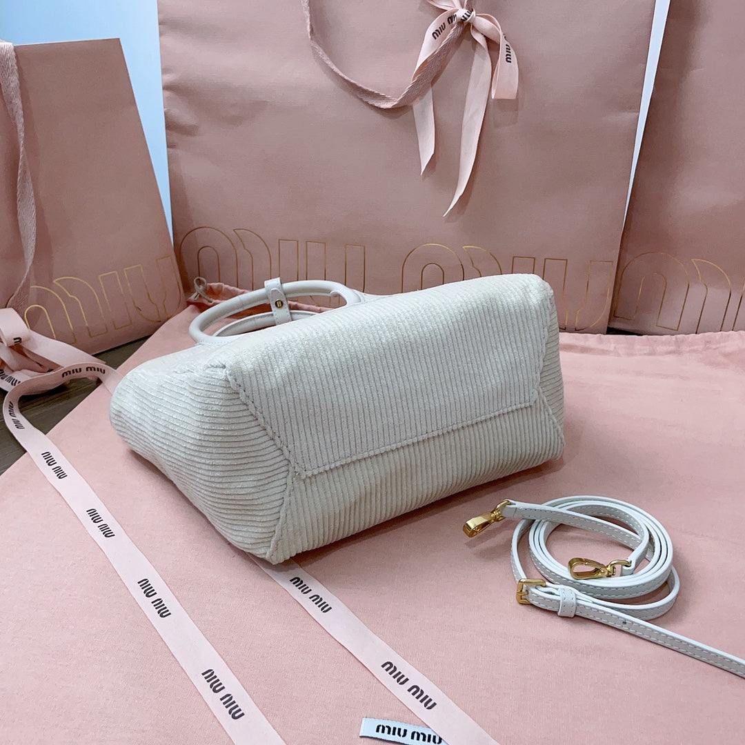MIU MIU IVY HANDBAG 22 IN WHITE CANVAS