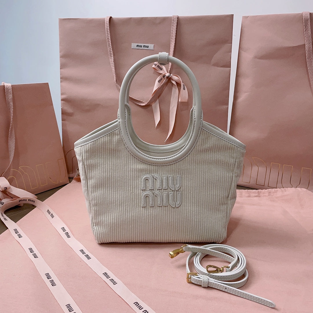 MIU MIU IVY HANDBAG 22 IN WHITE CANVAS