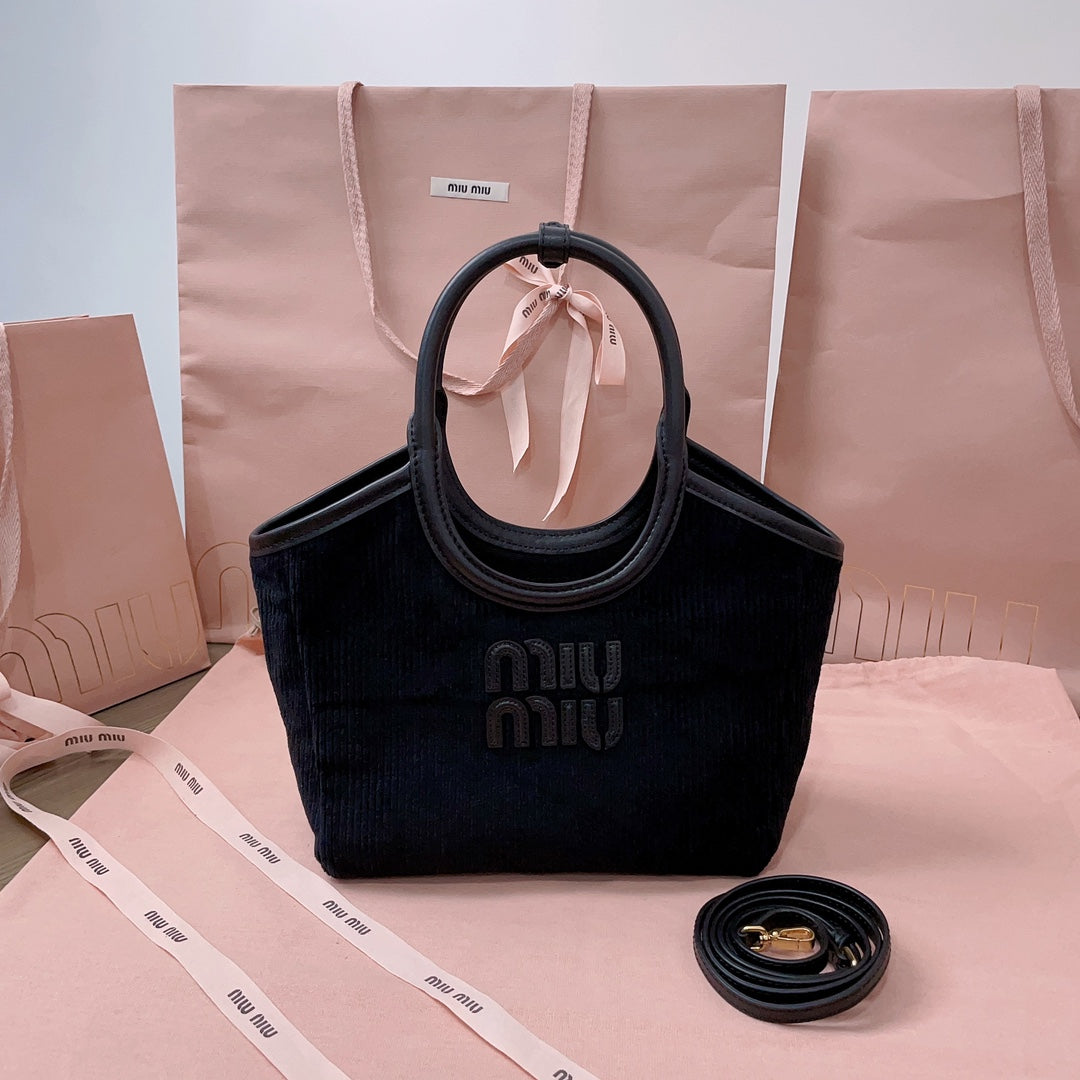 MIU MIU IVY HANDBAG 22 IN BLACK CANVAS
