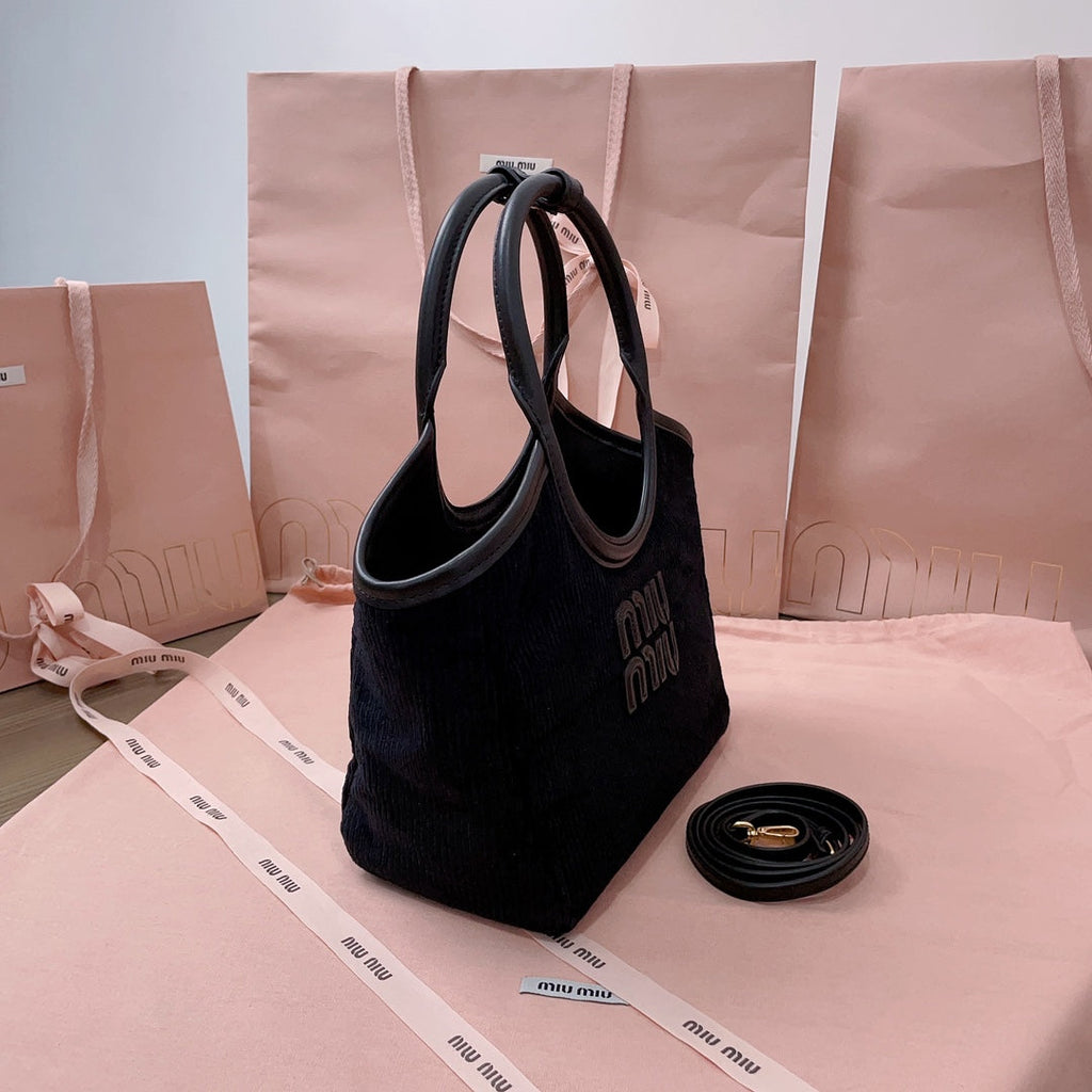 MIU MIU IVY HANDBAG 22 IN BLACK CANVAS