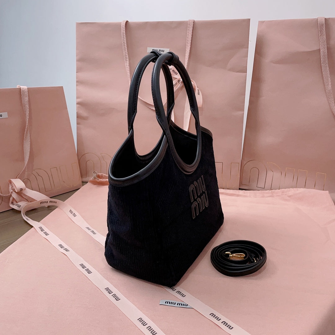 MIU MIU IVY HANDBAG 22 IN BLACK CANVAS
